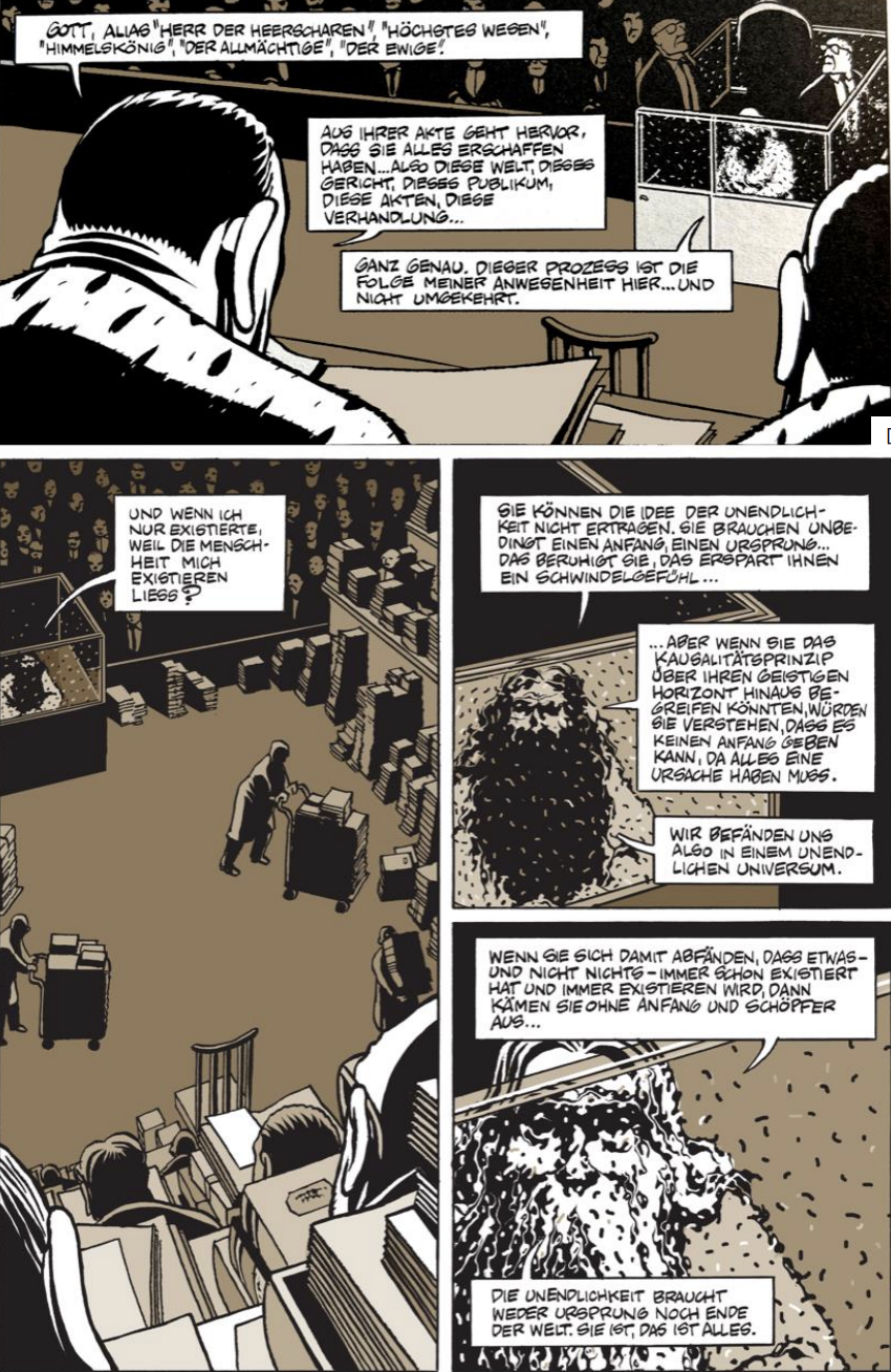 Schwarz-weiß Comicseite: Gerichtssaal mit Publikum, Rednern, Aktenstapeln und Sprechtexten